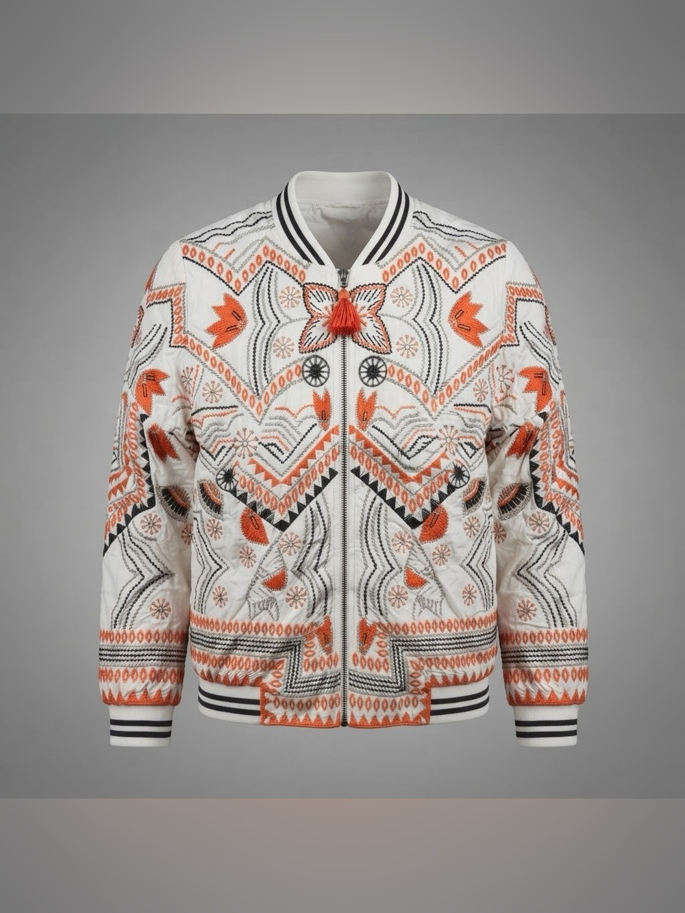 Lovestitch Embroidered Bomber Jacket Women Large Ivory Orange Boho Zip Up NWT